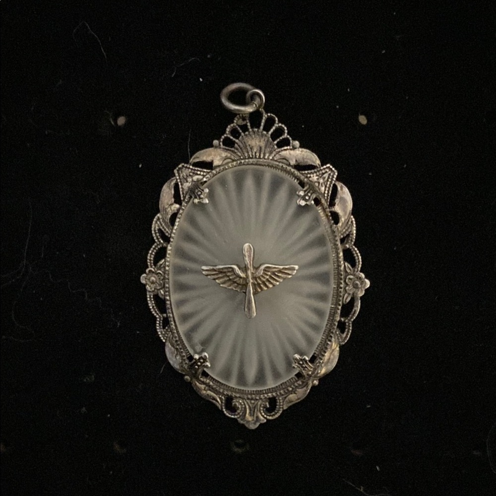 WWII Air Force Sterling Silver Camphor Glass Sweetheart Pendant and Necklace